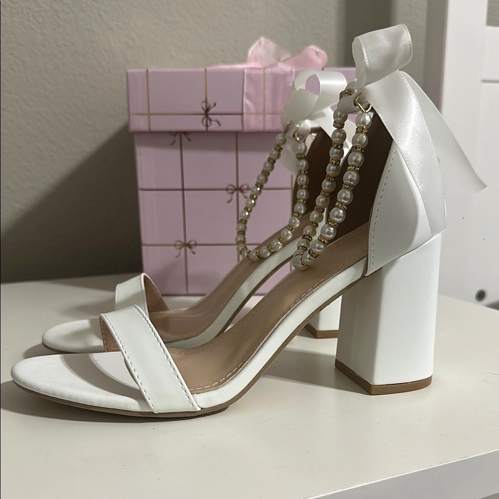 White Block Heels with Pearls and Bows